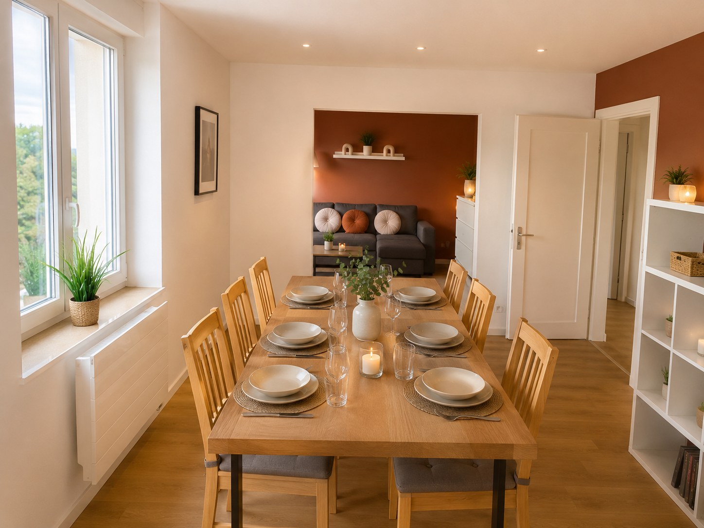 Grande table à manger pour huit personnes dans le séjour ouvert