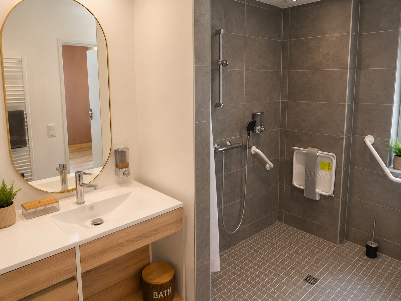 Vasque adaptée avec espace libre sous le plan pour approcher en fauteuil, miroir bas