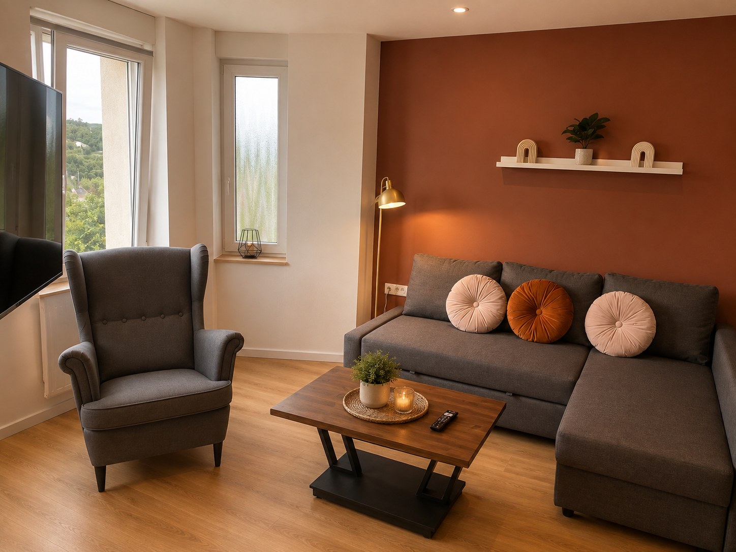 Coin salon avec canapé d'angle, ouvert sur la salle à manger