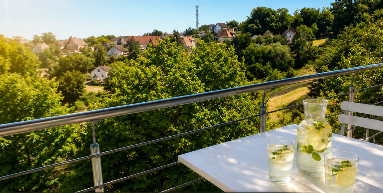 Le balcon de l'Appartement du Haut en fin de journée, avec la vue sur les collines