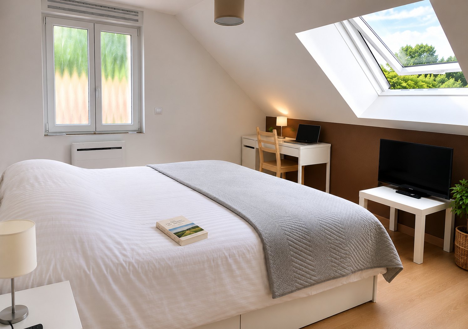 Chambre principale avec lit king-size, velux ouvert sur les arbres, bureau avec ordinateur portable et télévision