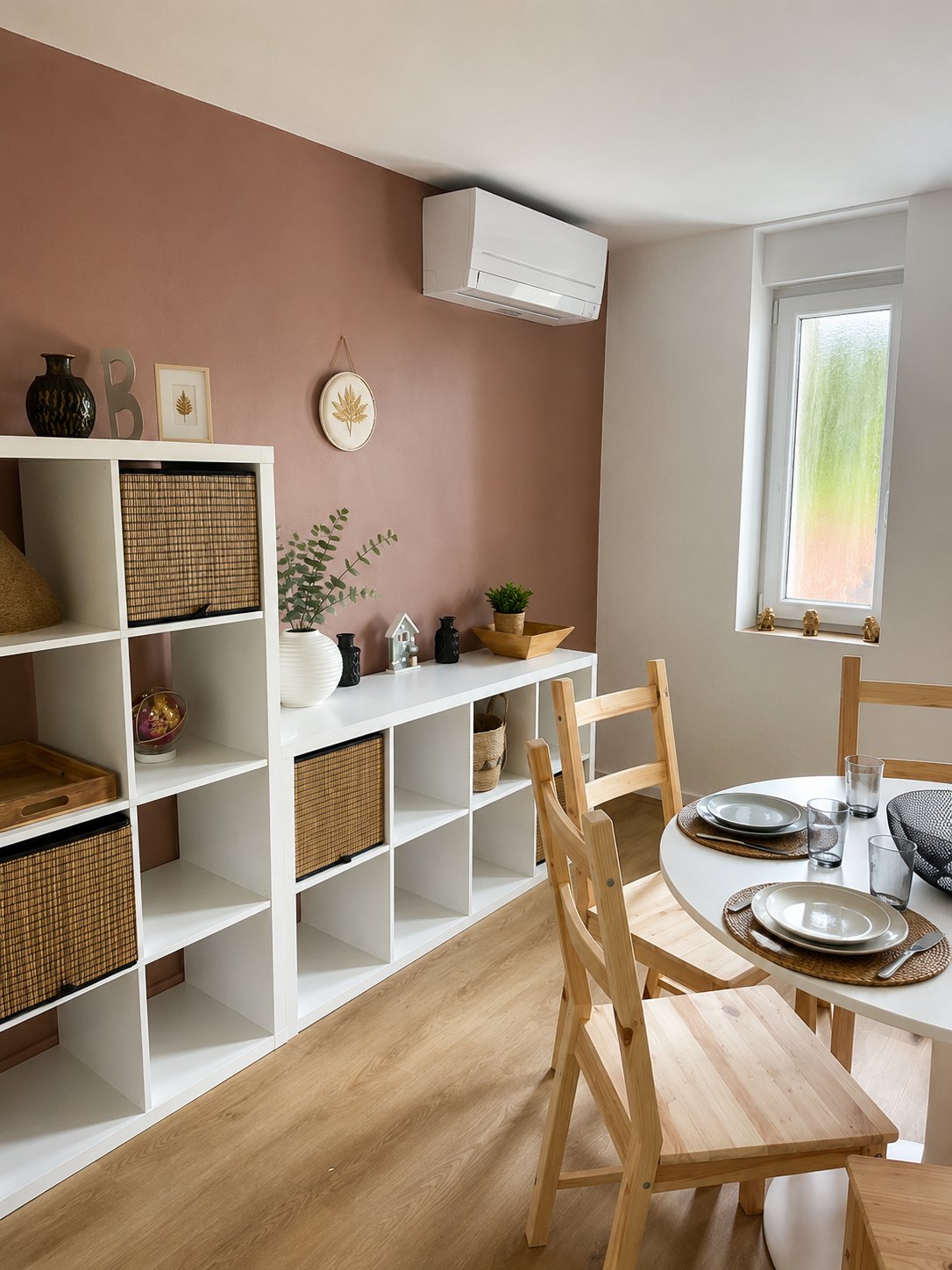 Meuble de rangement à casiers avec paniers en osier contre un mur terracotta, à côté de la table ronde